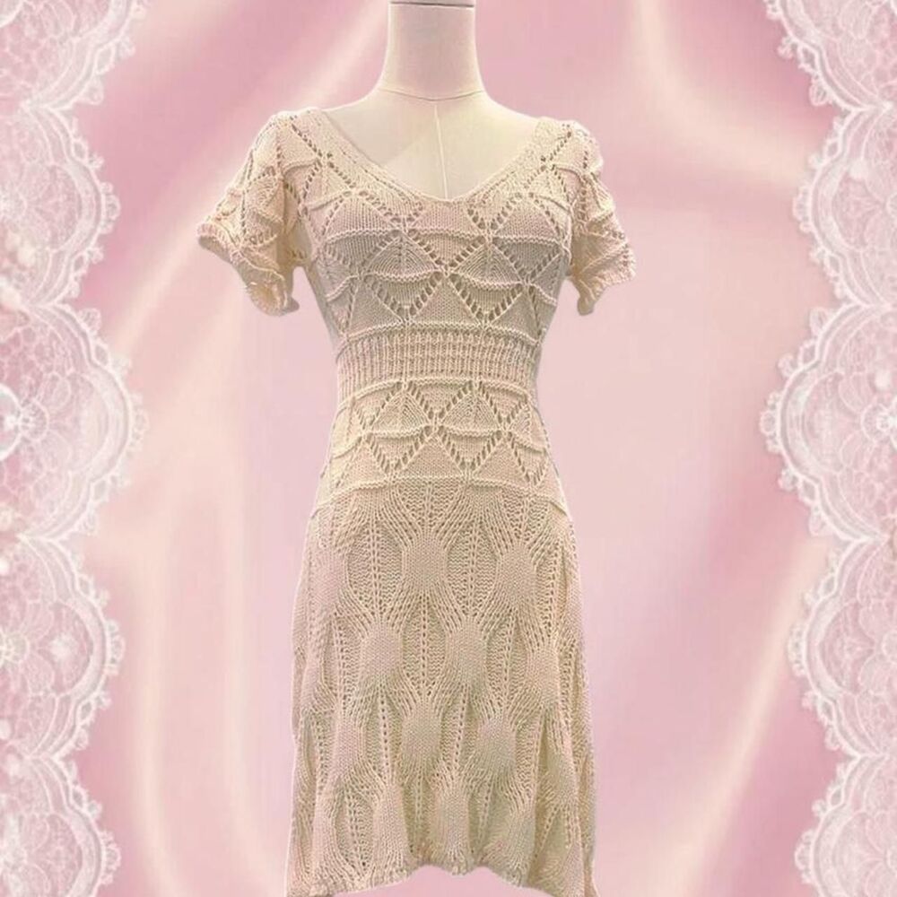 Crochet Macrame Woven Lace Sheer Dress Women's White and Cream